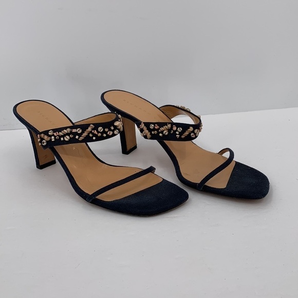 Richard Tyler strappy slide sandals heel shoe mule navy blue beading fabric 9 - Picture 2 of 6
